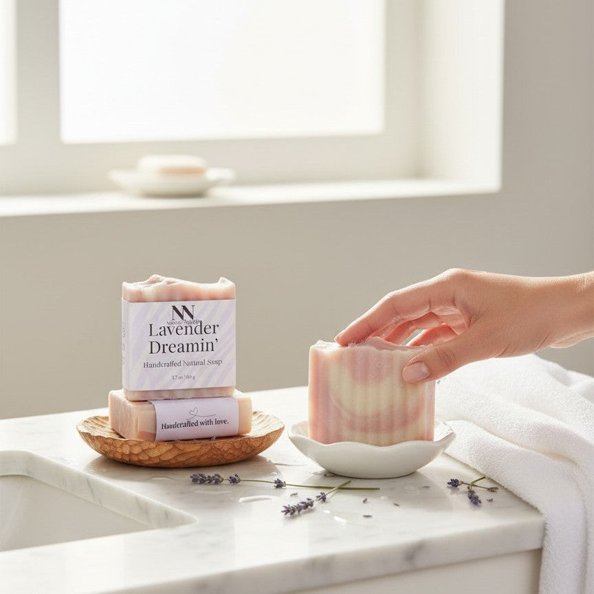 Bar of soap labeled 'Lavender Dreamin' on a marble surface with a hand reaching for it.