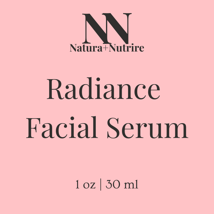 Natura Nutrire Radiance Facial Serum label with product details on a pink and white background