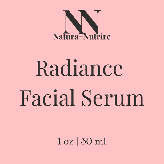 Natura Nutrire Radiance Facial Serum label with product details on a pink and white background