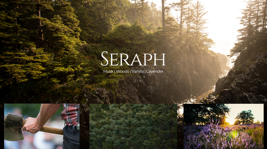 Scenic view of a forest with the brand 'SERAPH' displayed, surrounded by nature-themed images.