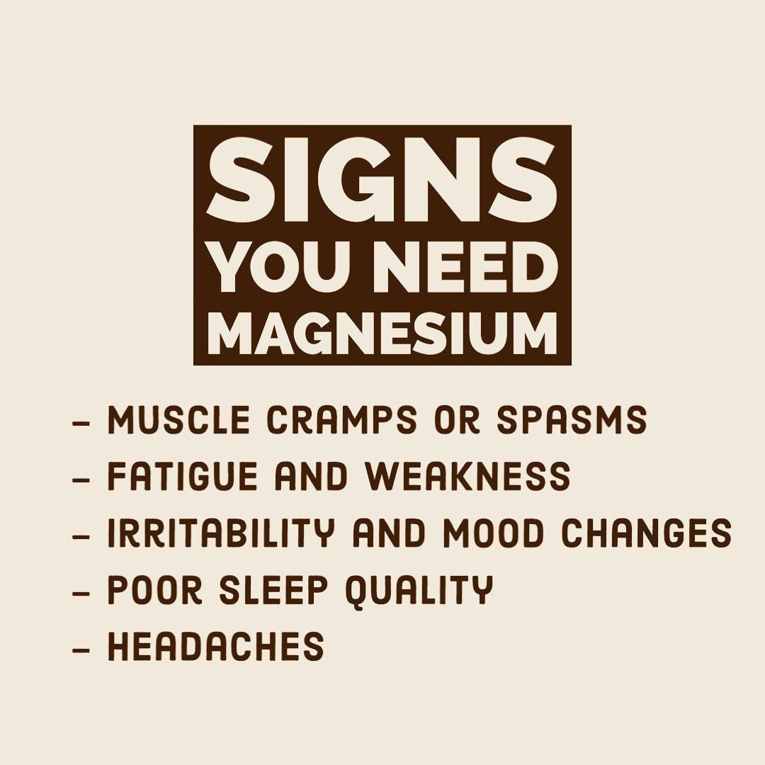 Signs You Need Magnesium infographic listing muscle cramps or spasms, fatigue and weakness, irritability and mood changes, poor sleep quality, and headaches, on a beige background