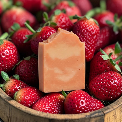 Strawberry Fields Handcrafted Soap bar in a wooden bowl surrounded by fresh strawberries