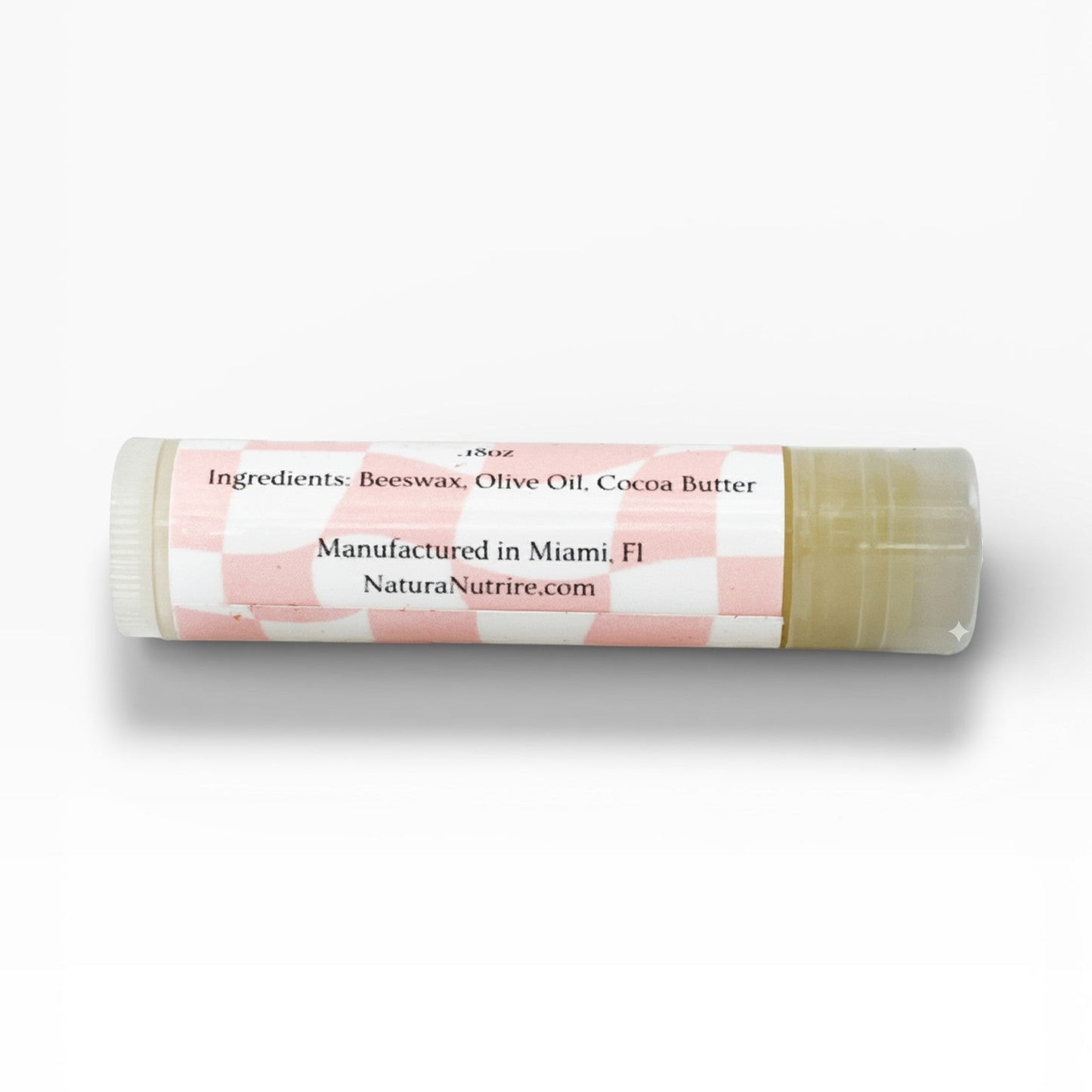 Lip balm with visible branding on a white background