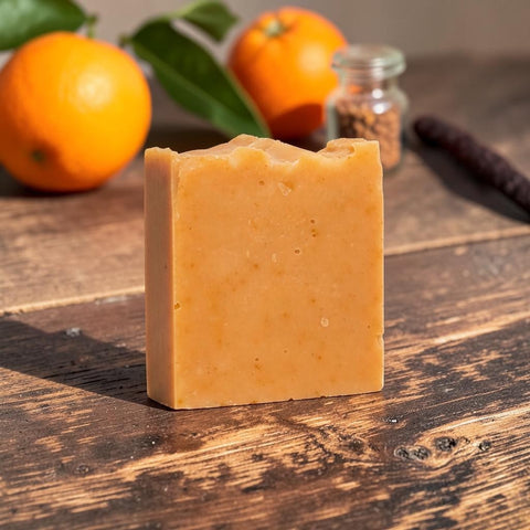 Walking on Sunshine Handcrafted Soap bar on a rustic wooden table with fresh oranges in the background